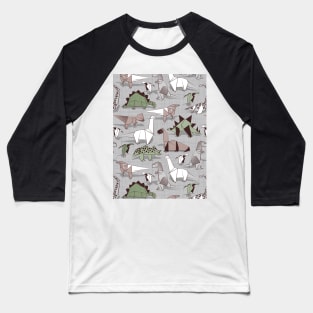 Origami dino friends // pattern // grey linen texture background green white and beige dinosaurs Baseball T-Shirt